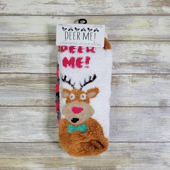 NEW Velour Non-Slip Slipper Socks Women's Shoe Size 4-10 Deer Print & Striped - Picture 1 of 6